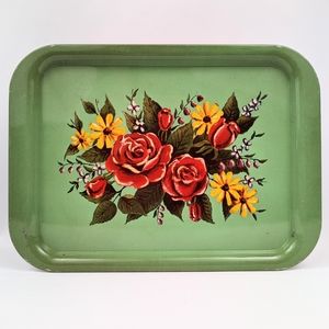 #9 Vintage Tole Painted Metal Tray Retro Floral Roses Cottage Farmhouse Country